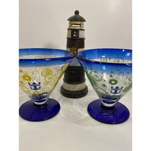 2 Kosta Boda Royal Caribbean Cruise Swirl Margarita/Martini Glasses Green and Ye